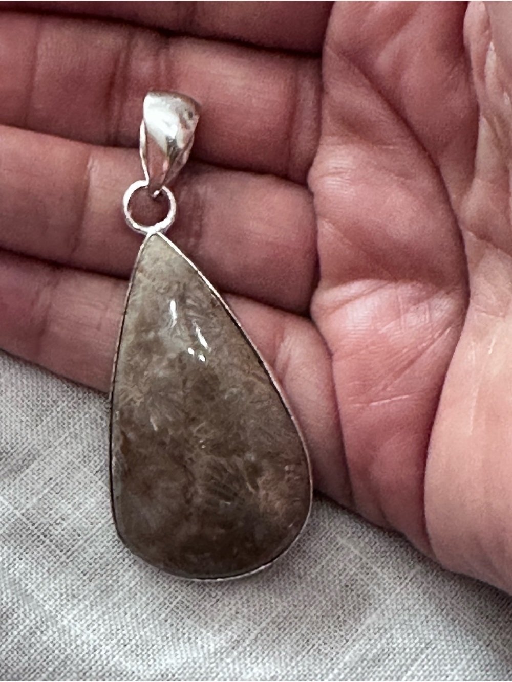 Artisan AGATIZED CORAL FOSSIL PENDANT Brown Teardrop Cabochon Handcrafted